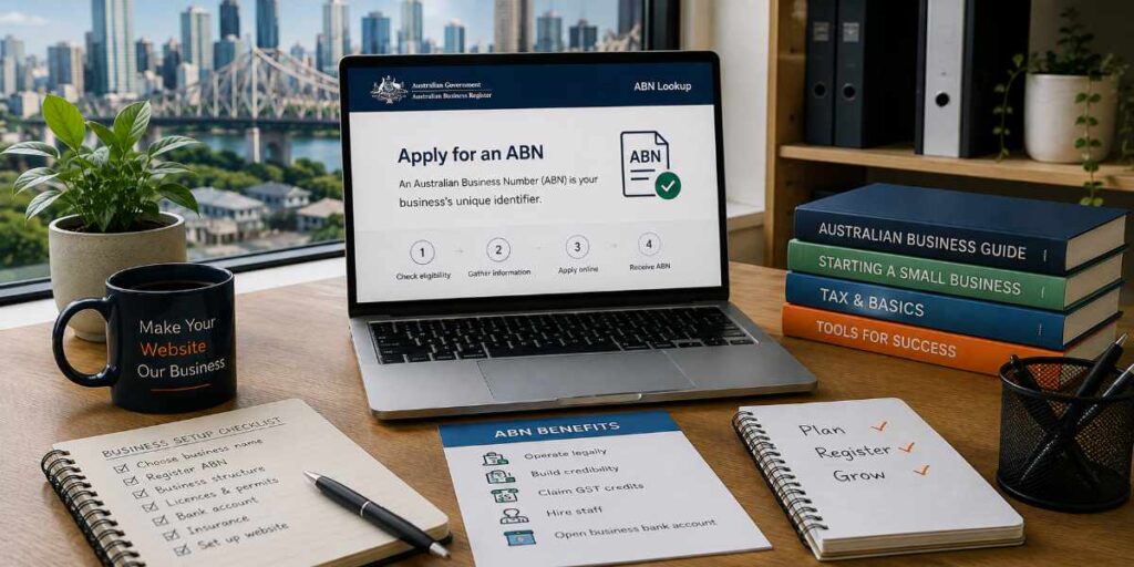 Laptop displaying an ABN application guide on a desk overlooking Brisbane