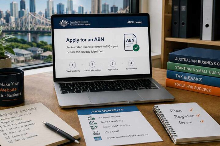 Laptop displaying an ABN application guide on a desk overlooking Brisbane