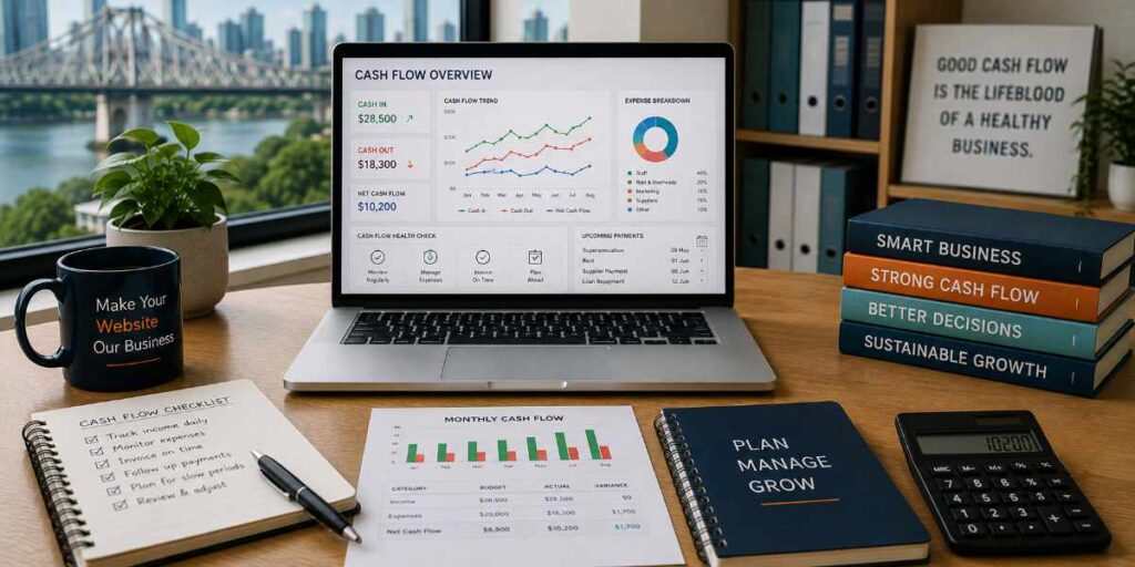 Laptop displaying a cash flow dashboard with business planning materials