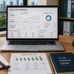 Laptop displaying a cash flow dashboard with business planning materials