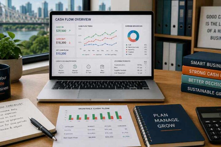 Laptop displaying a cash flow dashboard with business planning materials