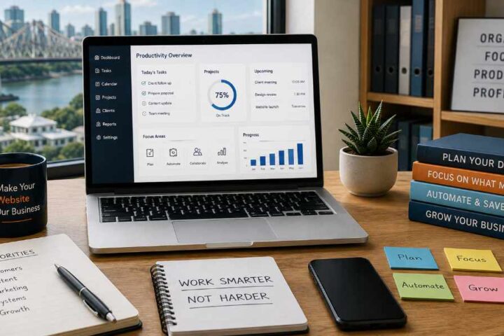 Laptop displaying a productivity dashboard on a Brisbane office desk