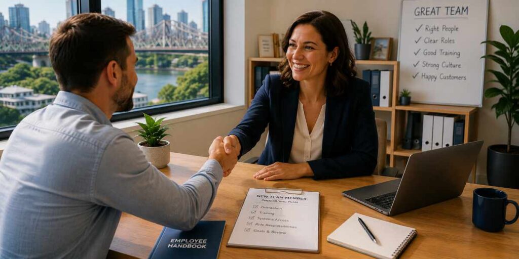 Business owner welcoming a new employee with a handshake in a Brisbane office