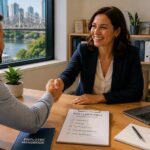 Business owner welcoming a new employee with a handshake in a Brisbane office