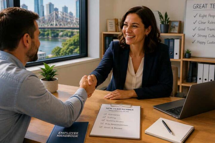 Business owner welcoming a new employee with a handshake in a Brisbane office