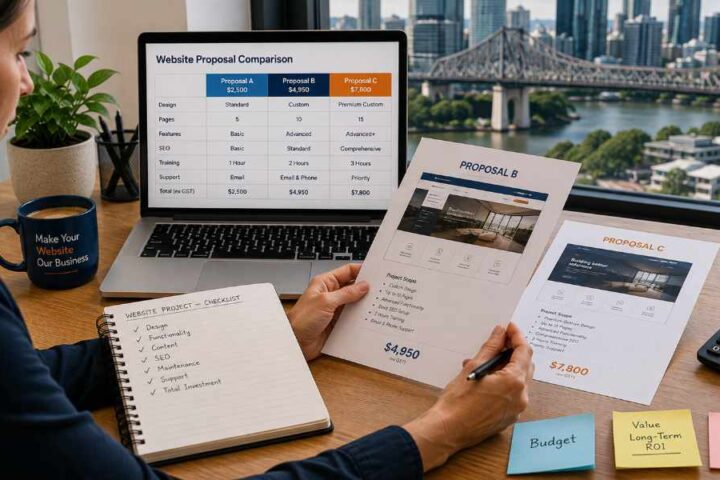 Business owner comparing website proposals and costs in a Brisbane office