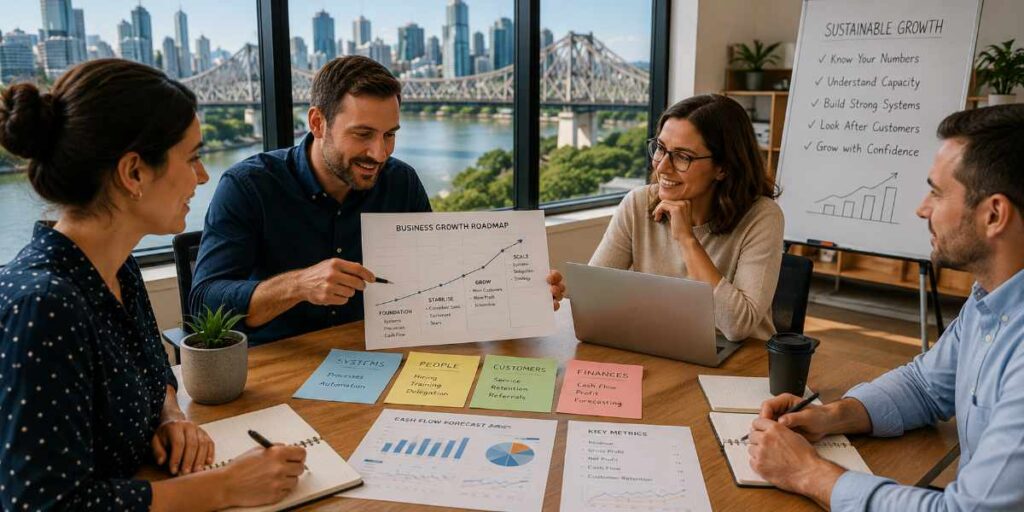 Small business team discussing a sustainable growth roadmap in a Brisbane office