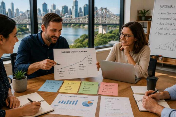 Small business team discussing a sustainable growth roadmap in a Brisbane office