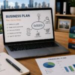 Laptop displaying a business plan with strategy and financial planning materials