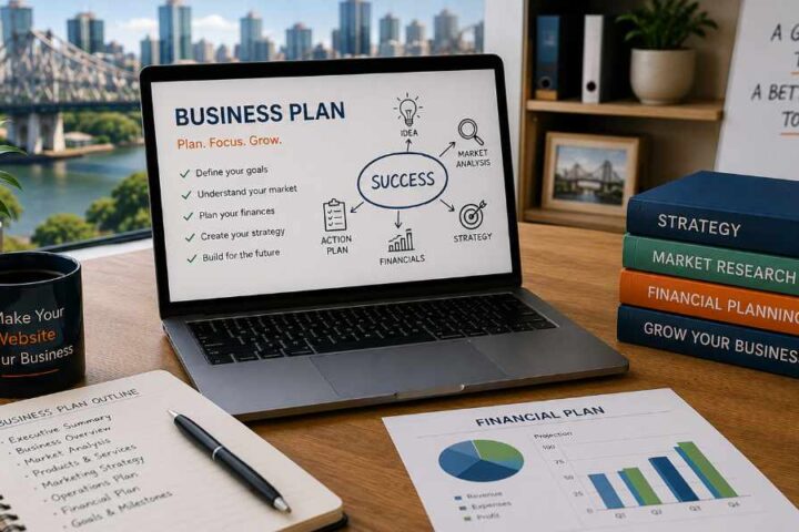 Laptop displaying a business plan with strategy and financial planning materials