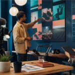 Diverse social media team planning and producing digital content in a creative studio