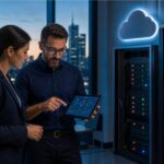 Brisbane business owner and technician comparing secure website hosting infrastructure