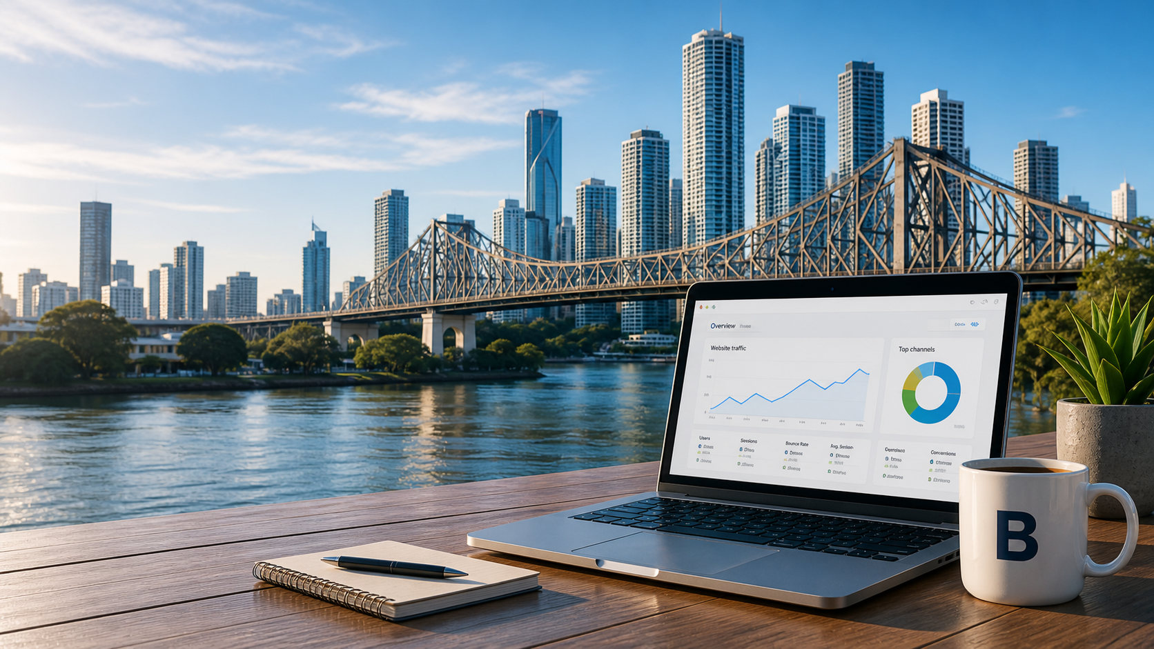 Brisbane Story Bridge and skyline with a laptop displaying marketing analytics