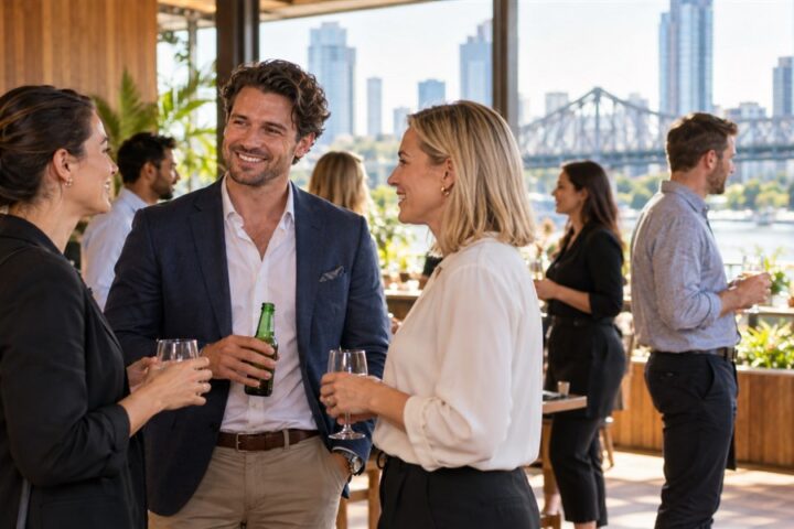 Brisbane small-business owners talking at a relaxed local networking event