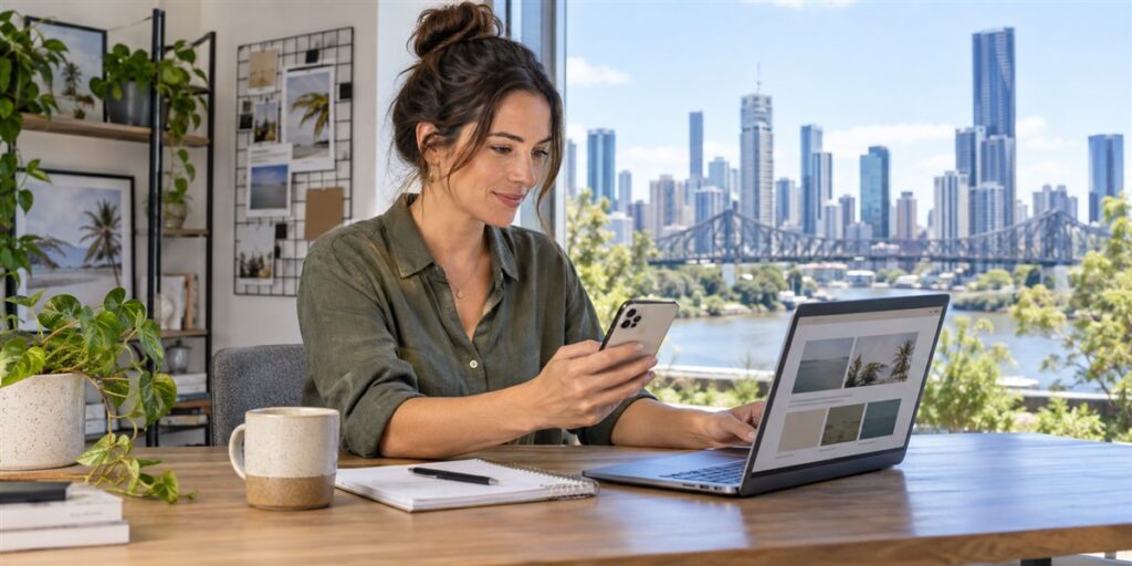 Brisbane small-business owner testing a business website on a mobile phone