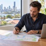 Brisbane service-business owner planning suburb landing pages with a local map