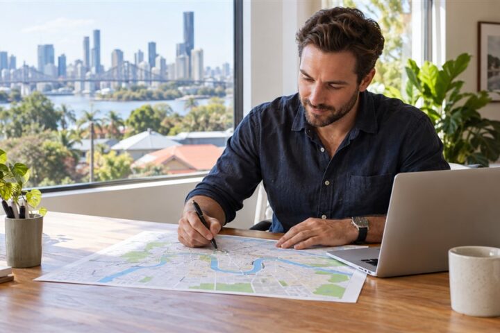 Brisbane service-business owner planning suburb landing pages with a local map